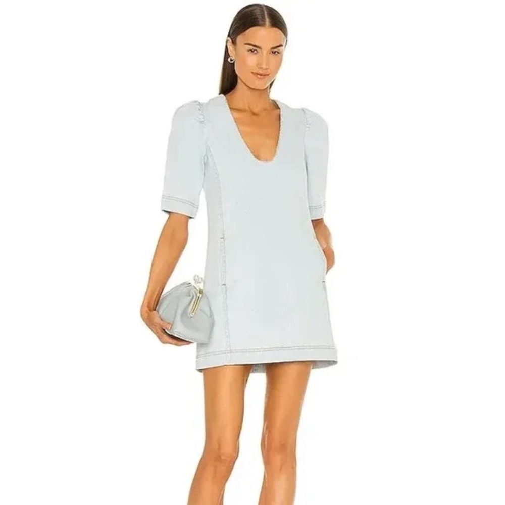 Something Navy Spencer Embellished Mini Dress Short Puff Sleeve Scoop Neck
